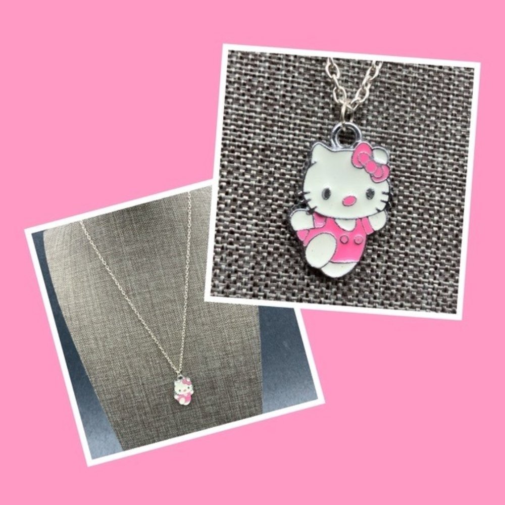Hello Kitty Pendant Necklace 17 Inch Silver Chain Pink Bow Dress Romper White